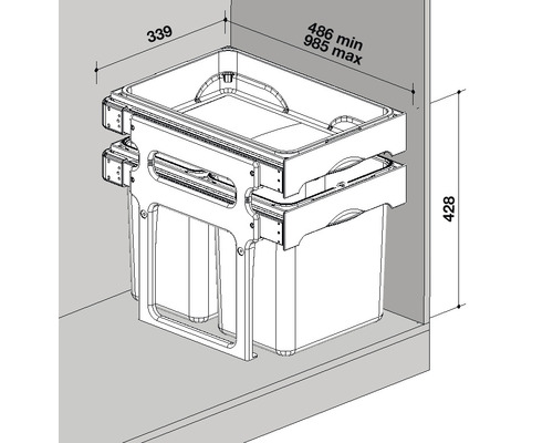 Technický nákres odpadkového koša s rozmermi pre inštaláciu