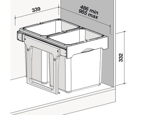 Vstavaný kôš s rozmermi pre inštaláciu do kuchynských skriniek