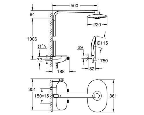 Rozmerový nákres sprchovej súpravy s hornou a ručnou sprchou s rozmermi
