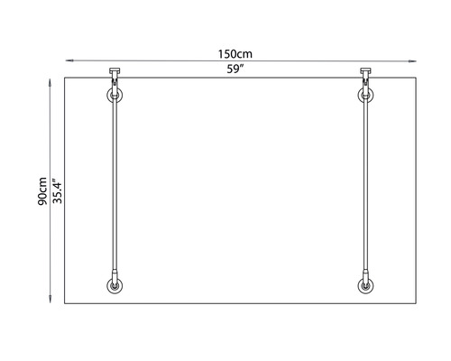 Technický nákres sprchovej steny s rozmermi 150 cm x 90 cm.