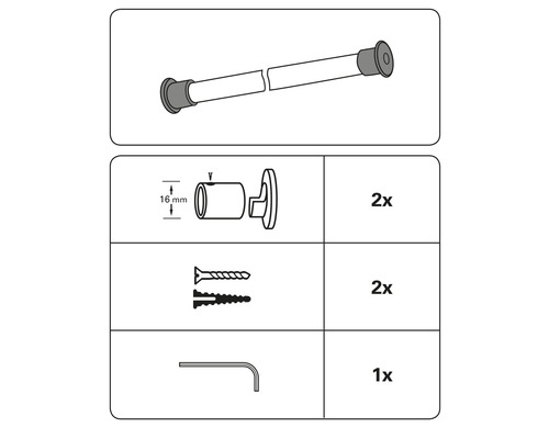 Obrázok dielov sprchovej tyče so skrutkami a montážnym materiálom