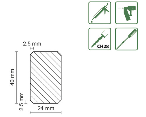 Technický nákres dreveného profilu s rozmermi 24 mm šírka, 40 mm výška a 2,5 mm polomer rohu a symboly vhodnosti nástrojov.