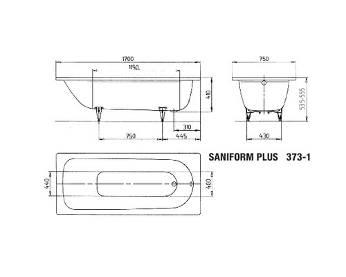 Technický nákres vane Saniform Plus 373-1 s rozmermi