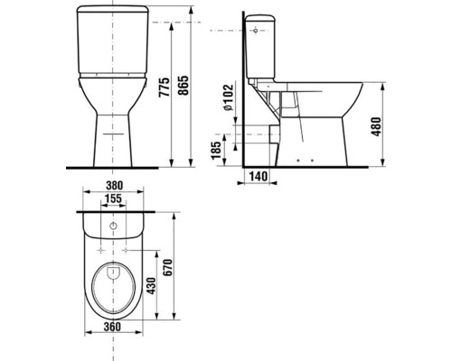 Technický nákres stojaceho WC s rozmermi