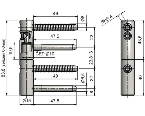 Technický nákres dverného závesu s rozmermi
