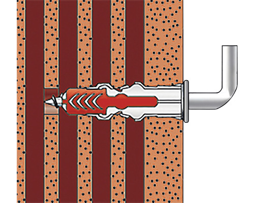 Ilustrácia inštalovanej univerzálnej hmoždinky so skrutkou s hákom