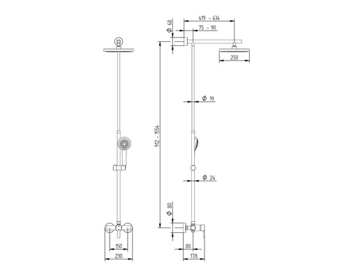 Technický nákres sprchového systému s rozmermi