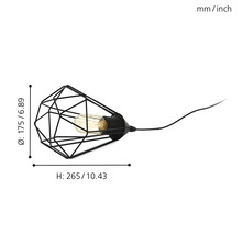 Závesná lampa s čiernym drôteným rámom a žiarovkou, zobrazené rozmery