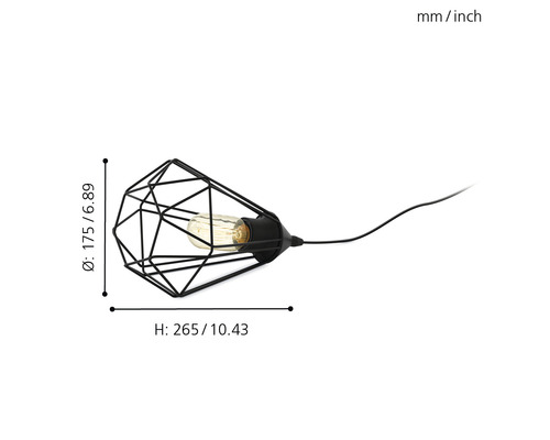 Závesná lampa s čiernym drôteným rámom a žiarovkou, zobrazené rozmery