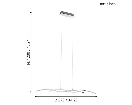 Rozmery závesného svietidla so zvlneným dizajnom a LED žiarovkou