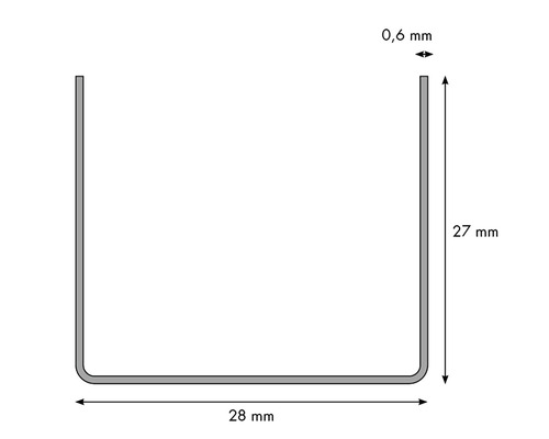 Technický nákres U-profilu s rozmermi 28 mm šírka, 27 mm výška a 0,6 mm hrúbka materiálu