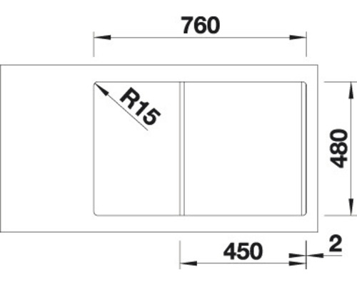 Technický nákres drezu s rozmermi: šírka 760 mm, hĺbka 480 mm, rádius 15 mm