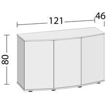 Obrázok rozmerov spodnej skrinky s tromi dvierkami: výška 80 centimetrov, šírka 121 centimetrov a hĺbka 46 centimetrov