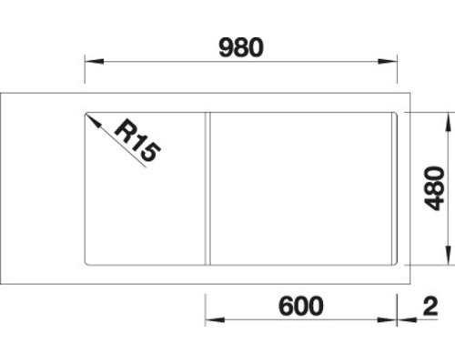 Technický nákres drezu s rozmermi 980 x 480 mm