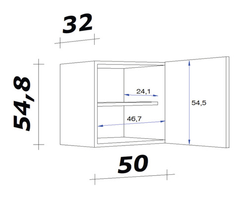 Technický nákres závesnej skrinky s rozmermi