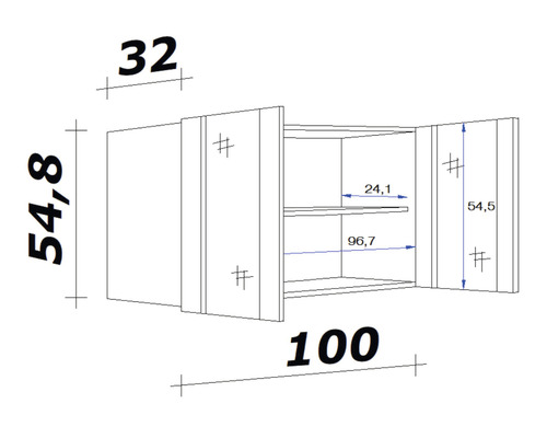 Technický nákres závesnej skrinky s rozmermi