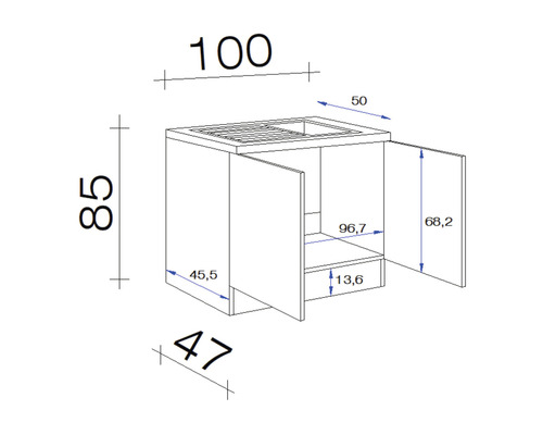 Technický nákres skrinky pod umývadlo s rozmermi