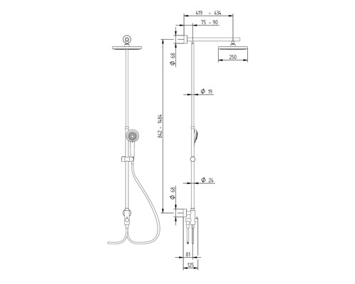 Technický nákres sprchového systému s rozmermi
