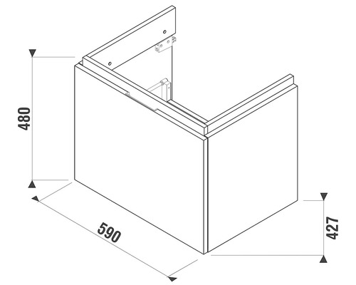 Nákres skrinky pod umývadlo s rozmermi 590 x 480 x 427 mm