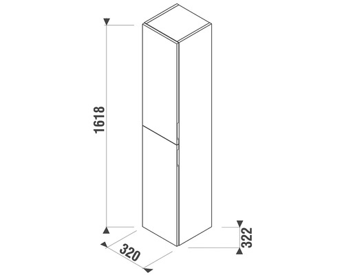 Technický nákres kúpeľňovej vysokej skrinky s rozmermi 1618 x 320 x 322 milimetrov.