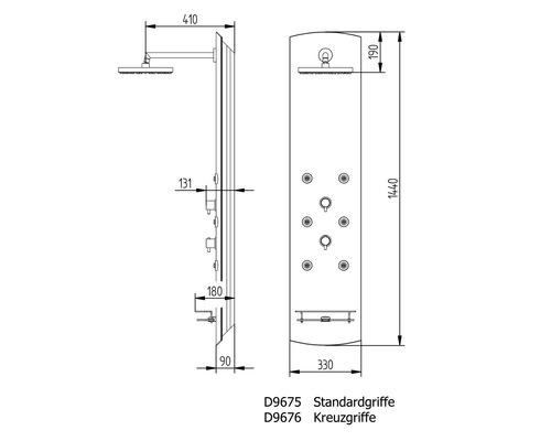 Rozmerový nákres sprchového panela s hlavovou sprchou, masážnymi tryskami a armatúrami