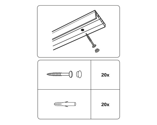 Ilustrácia záclonovej tyče so skrutkami a hmoždinkami, 20 kusov