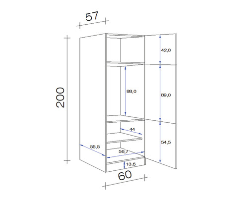 Technický nákres otvorenej skrine s rozmermi.