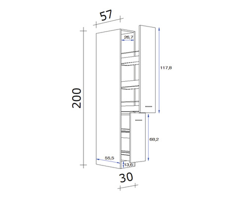 Technický nákres vysokej skrine s rozmermi