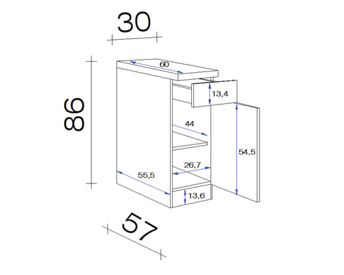Technický nákres závesnej skrinky so zásuvkou a rozmermi