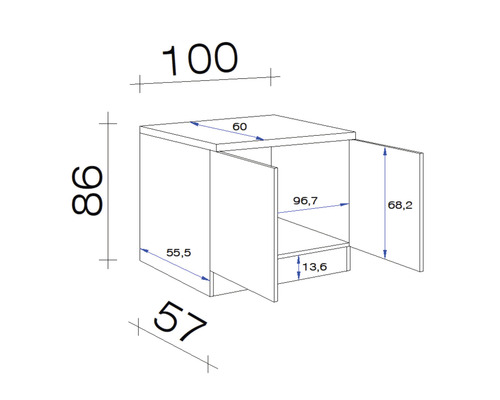Technický nákres skrinky pod umývadlo s rozmermi