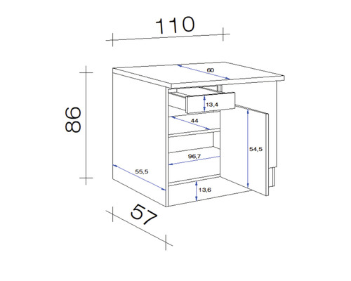 Rozmerový nákres spodnej skrinky so zásuvkou a dvierkami