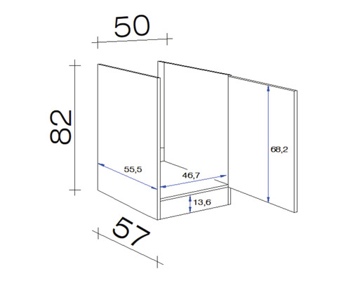 Technický nákres spodnej skrinky s rozmermi.