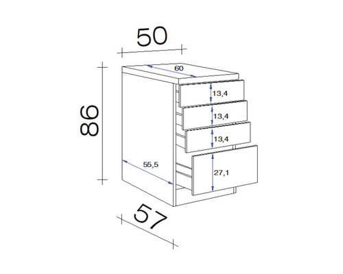 Technický nákres spodnej skrinky so zásuvkami a rozmermi.