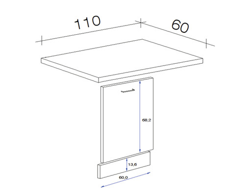 Technický nákres kusu nábytku s rozmermi