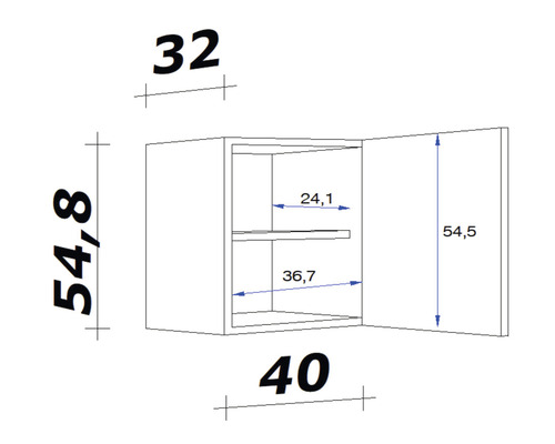 Technický nákres závesnej skrinky s rozmermi