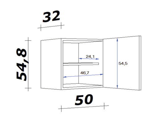 Nákres závesnej skrinky s rozmermi 32 x 54,8 x 50 centimetrov