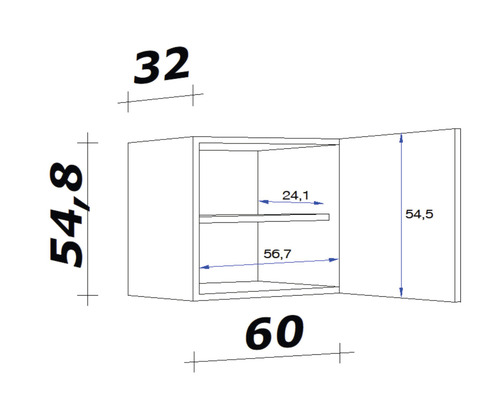 Technický nákres závesnej skrinky s rozmermi.