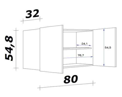 Technický nákres závesnej skrinky s rozmermi.