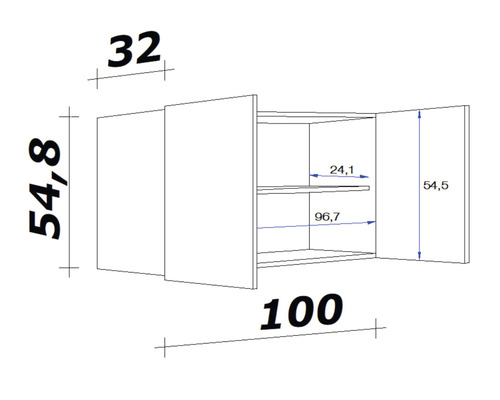 Technický nákres závesnej skrinky s rozmermi