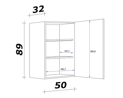 Technický nákres závesnej skrinky s rozmermi