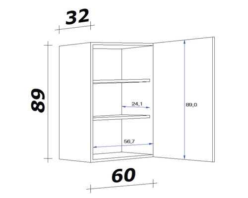Technický nákres závesnej skrinky s rozmermi
