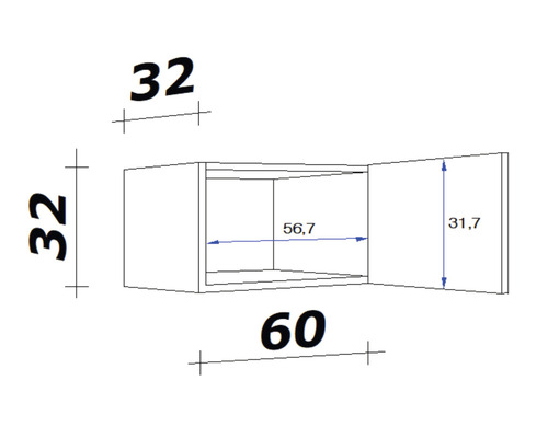Technický nákres závesnej skrinky s rozmermi