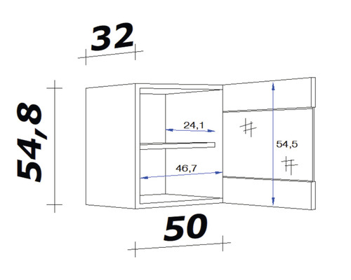 Technický nákres závesnej skrinky s rozmermi 32 x 54,8 x 50 cm.