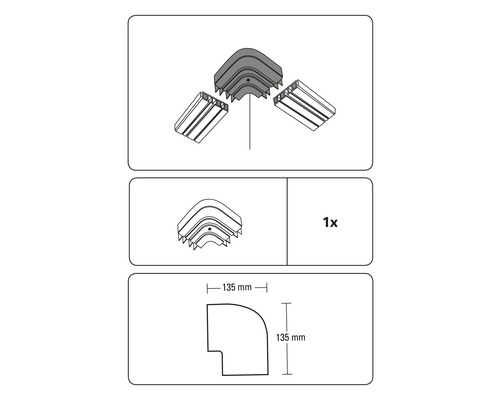Ilustrácia rohového dielu káblového kanála s rozmermi 135 krát 135 milimetrov