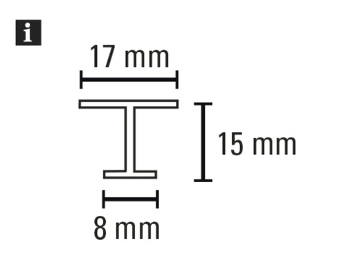 Technický výkres T-profilu s rozmermi 17 mm, 15 mm a 8 mm.