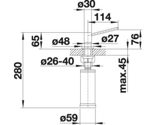 Technický nákres kuchynskej batérie s rozmermi