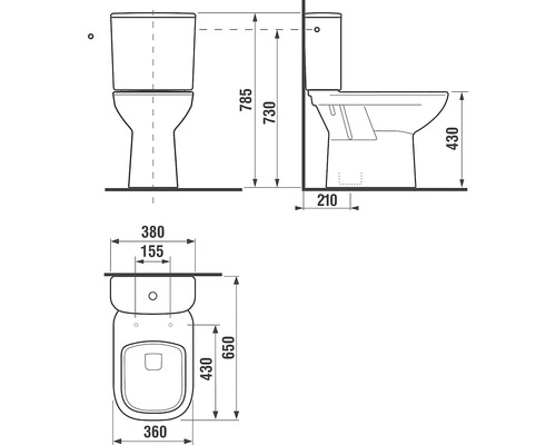 Technický nákres stojaceho WC s rozmermi