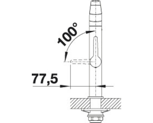 Technický nákres armatúry s rozmermi 77,5 a 100 stupňov