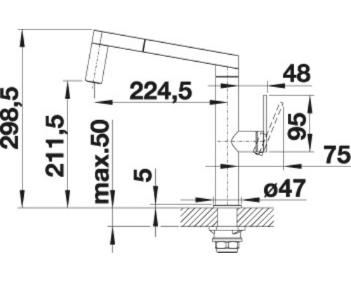 Technický nákres kuchynskej batérie s rozmermi