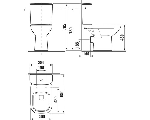 Technický nákres stojaceho WC s rozmermi